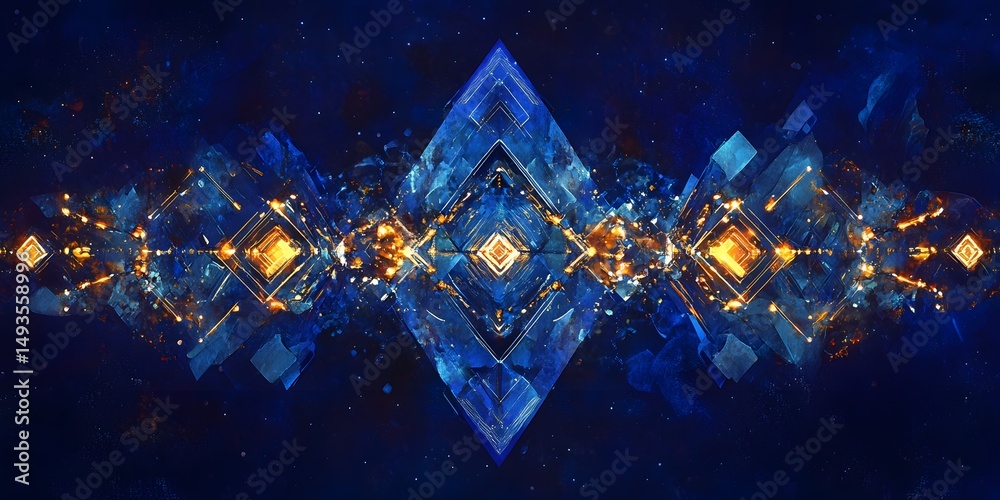 Naklejka premium Symmetrical design of abstract shapes in shades of blue and gold.