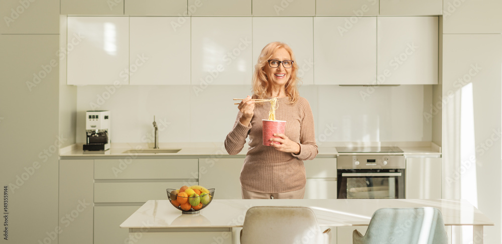 Middle aged woman with a box of noodles Middle aged woman with a box of noodles