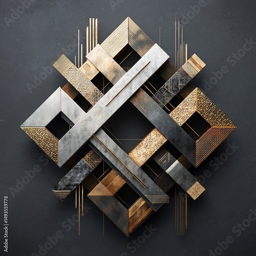Geometric assemblage of metallic rectangles and squares on matte backdrop
