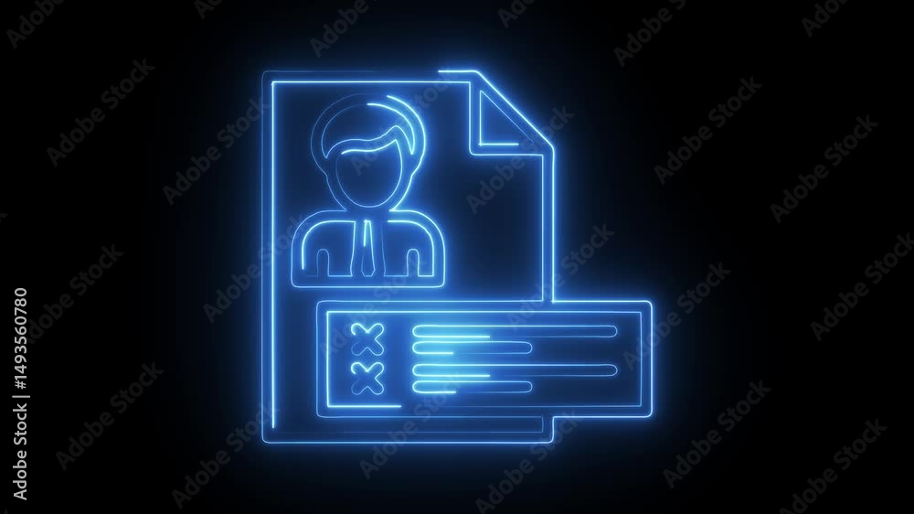 Glowing neon blue resume or cv icon animation on black background