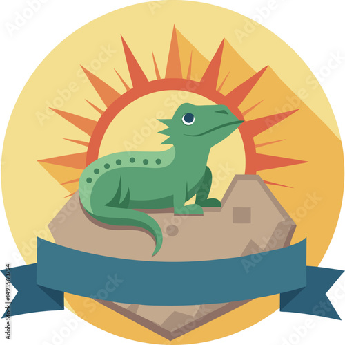Illustration of a lizard on a rock with a sunburst background and ribbon banner