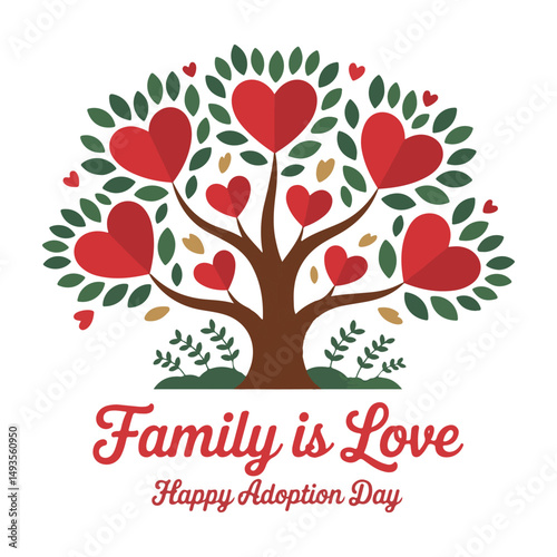 Heart adorned tree with green leaves conveys love and family for adoption on white