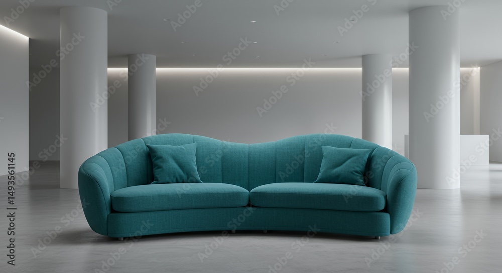 Fototapeta premium Abstract Vibrant Sofa in a Minimalist Hotel Lobby Radiating Calm Sophistication with a Cool Monochromatic Color Scheme for Decoration