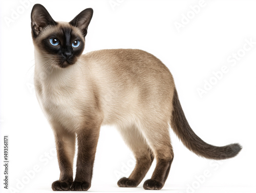 Siamese cat standing, full body, on a white background