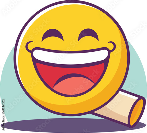 Joyful smiley face with magnifying glass showing happiness and positivity in design