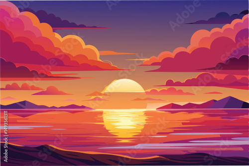 Beautiful sunset over tranquil waters with colorful clouds and distant mountains reflected in the calm sea