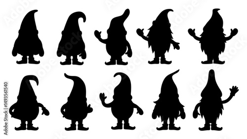 set of gnomes different poses silhouette vector on tranparent background