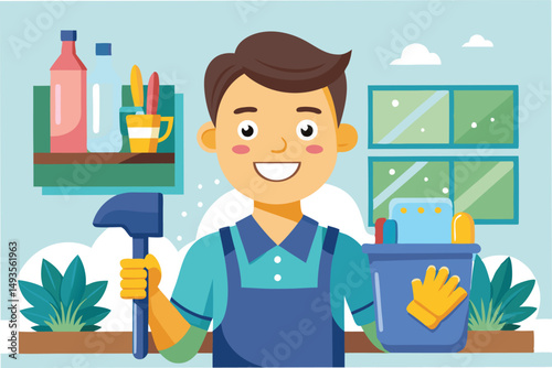 Bright vector illustration of a cheerful young man cleaning in a tidy indoor setting with tools and supplies, highlighting a positive attitude towards household chores