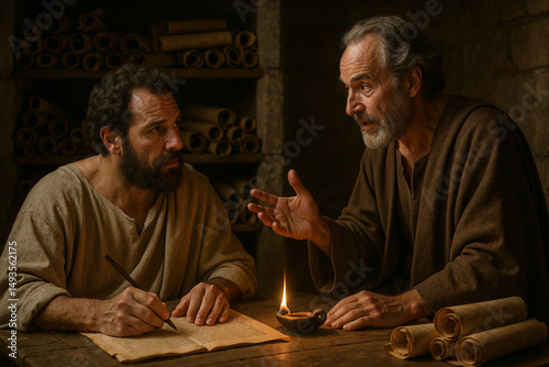 Early Church Fathers Debating Scripture in Ancient Study Room