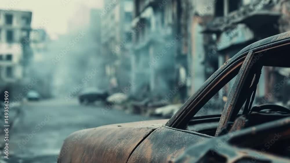 Armed Soldier in Gas Mask Taking Cover in Post-Apocalyptic Urban Battlefield