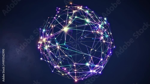 Rotating abstract sphere featuring glowing interconnected nodes and lines, symbolizing digital network communication on dark background