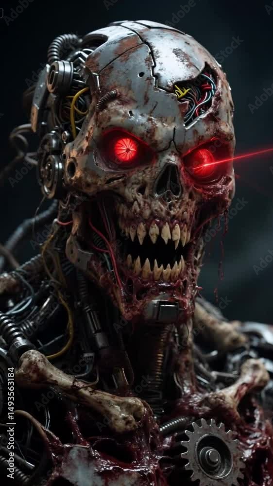 Futuristic Cyborg Skull with Glowing Red Eyes – Dark Horror Sci-Fi Concept
