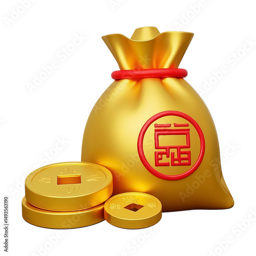 Gold Money Bag with Chinese Coins for Wealth and Prosperity