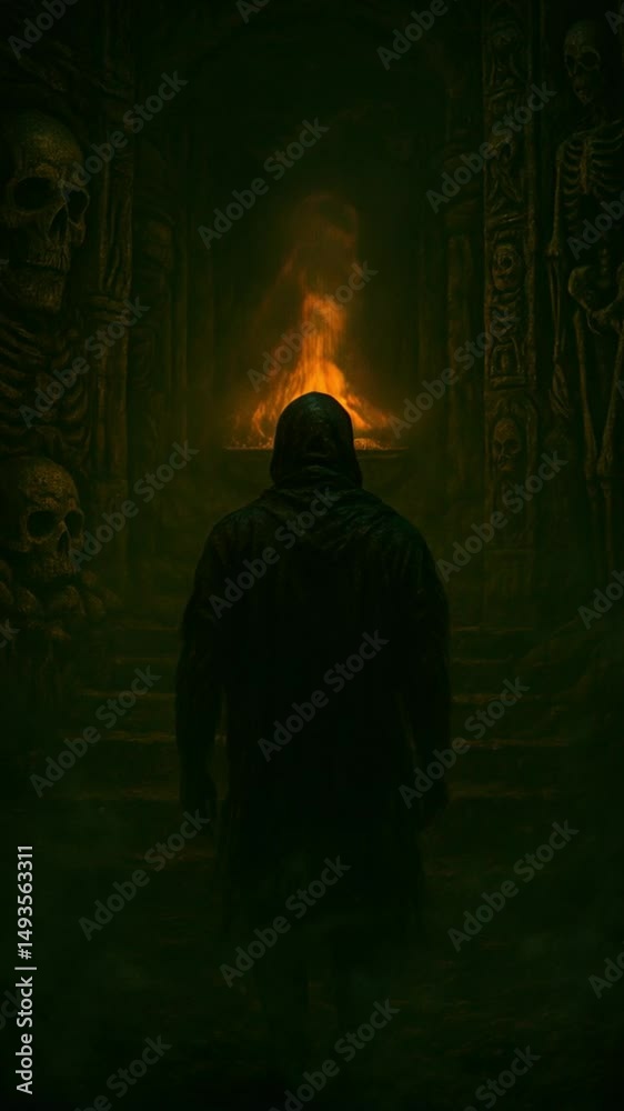 Hooded Figure Walking Toward Ritual Fire in Temple of Skulls – Dark Fantasy Concept