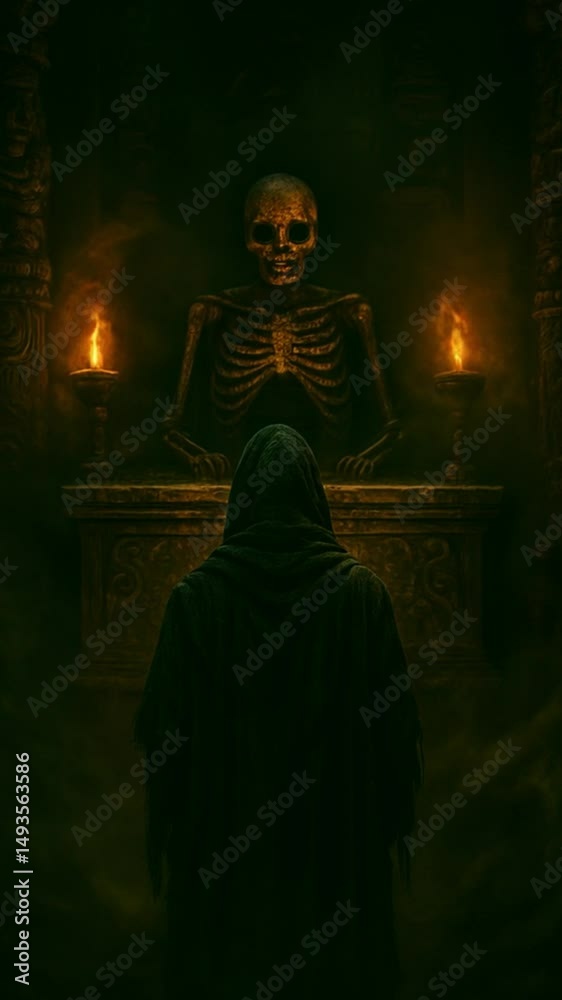 Mystic Hooded Pilgrim Facing Skeleton Throne with Flames – Occult Fantasy Atmosphere