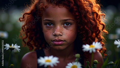 Little redheaded girl with prominent freckles and green eyes, sitting in a field of daisies