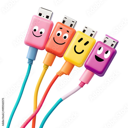 A rainbow USB charger with emoji faces on each port, tech cuteness, isolated on transparent background 