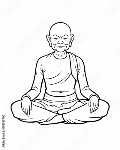 Senior man meditating peacefully in a serene posture in a detailed line art illustration