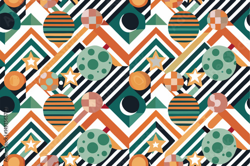 Modern abstract seamless pattern with geometric shapes, stars, and celestial elements for designs