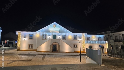 Town Hall Building Decorated with Christmas Lights – Festive Night in Portuguese Village