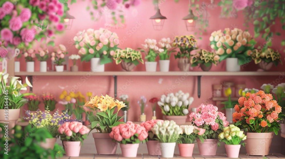 Fototapeta premium Soft-focus floral shop interior with pastel hues and gentle lighting.