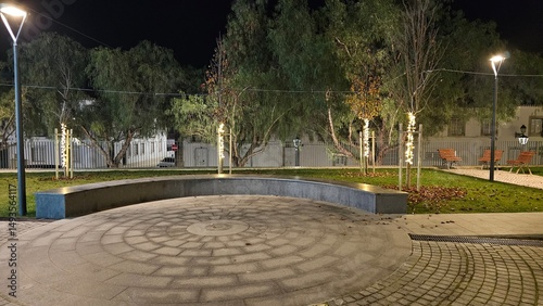 Urban Park at Night with Decorative Lights on Trees and Wooden Benches