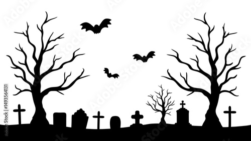 Vector black silhouette of a scary cemetery landscape with graves