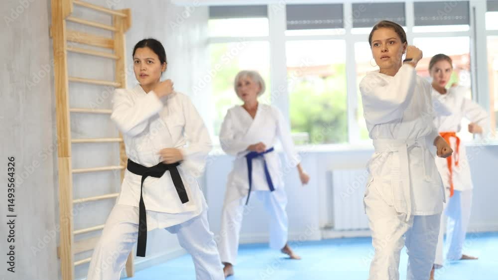 Female athletes have taken starting position and studying and repeating sequence of punches and painful techniques in karate kata technique. Oriental martial arts, training and obtaining black belt Female athletes have taken starting position and studying and repeating sequence of punches and painful techniques in karate kata technique. Oriental martial arts, training and obtaining black belt