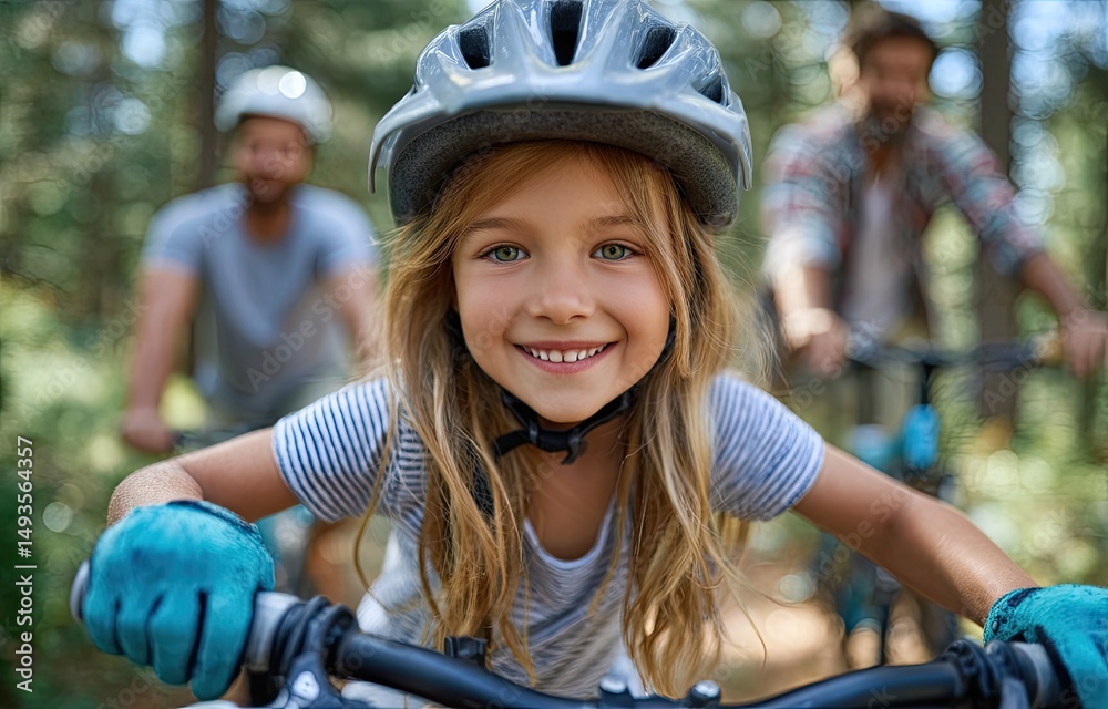 Naklejka premium A young girl is riding her bicycle with her parents in the park, wearing a helmet and sneakers, a blue denim vest, and smiling happily at the camera