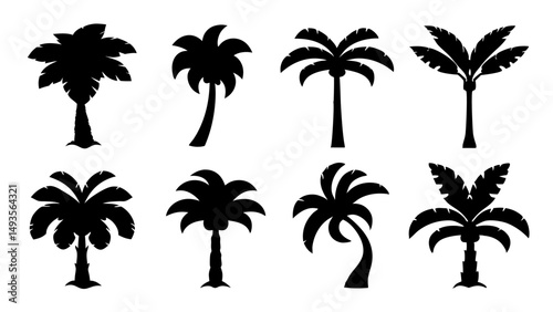set of stylized palm tree silhouette vector on tranparent background
