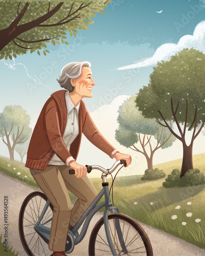 Senior man riding bicycle joyfully through a scenic park with nature and freedom in a vibrant illustration