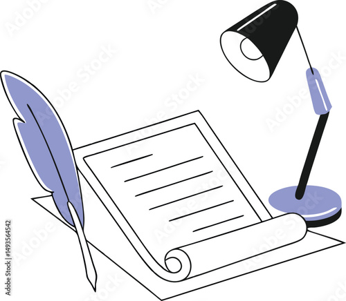 Modern illustration of desk lamp feather pen and paper suitable for writing projects