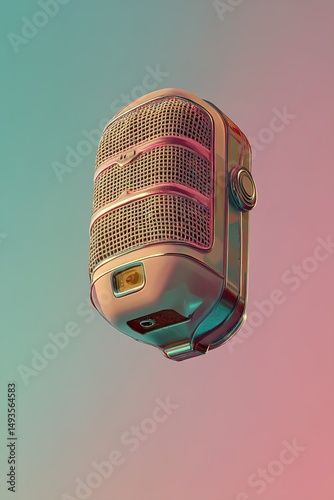 Classic analog dictation recorder hovering on raspberry and mint gradient