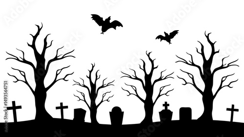 Vector black silhouette of a scary cemetery landscape with graves