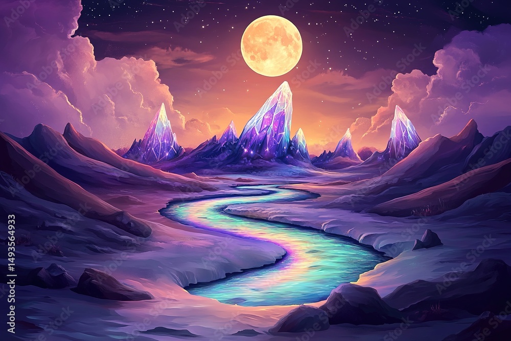 Fototapeta premium Retro-futuristic landscape with crystalline mesas and luminous rivers
