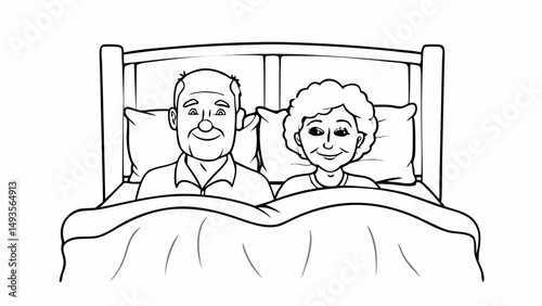 Senior couple in bed smiling contentedly with love and comfort in a cozy line art illustration