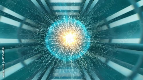 Energetic Core Burst in a Futuristic Tunnel with Electric Sparks and Glowing Light Effects