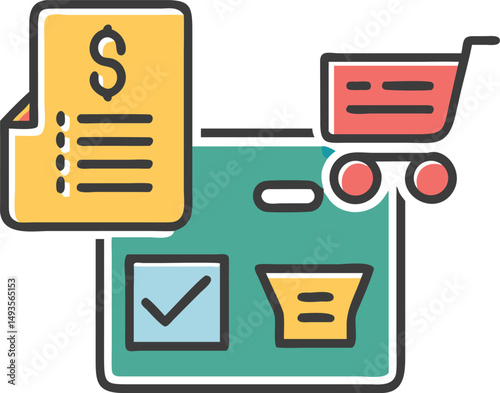 Online shopping and e commerce concept icon featuring receipt and shopping cart elements