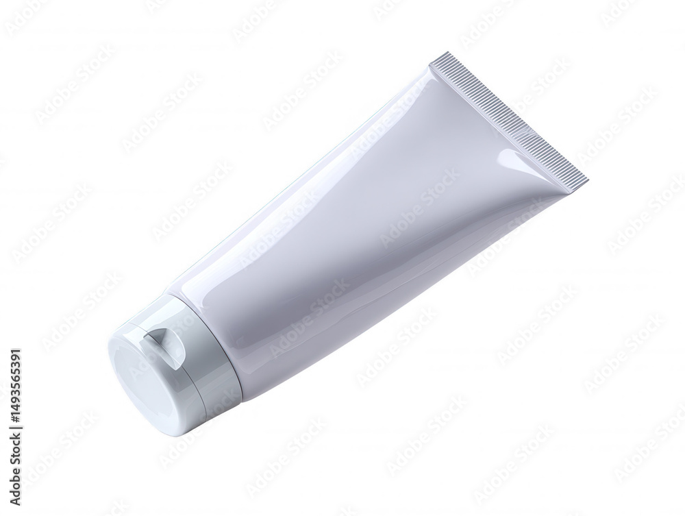 An angled view of a plain white tube with a gray flip-top cap, sitting on a pure white surface, ideal for showcasing ing or cosmetic products, studio shot. An angled view of a plain white tube with a gray flip-top cap, sitting on a pure white surface, ideal for showcasing ing or cosmetic products, studio shot.