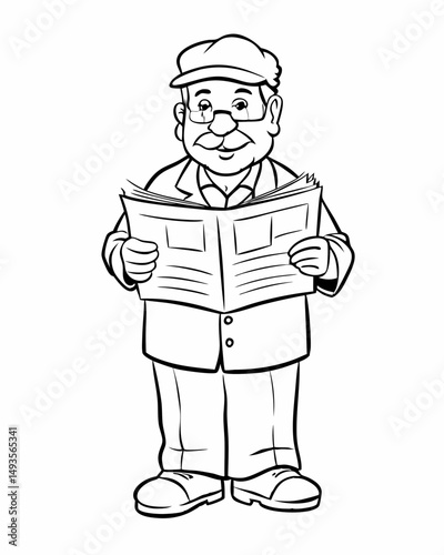 Grandpa with newspaper reading thoughtfully and happily in a charming line art illustration