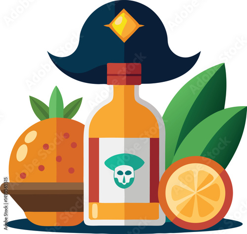 Pirate themed illustration featuring rum orange and leaves with a transparency effect vector artwork