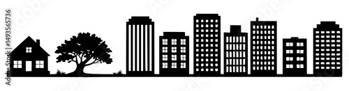Black and white cityscape and suburban silhouettes