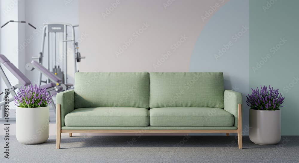 Obraz premium Minimalist Sage Sofa with Lavender Planters in Gym Relaxation Area Cool Pastels and Diffuse Lighting