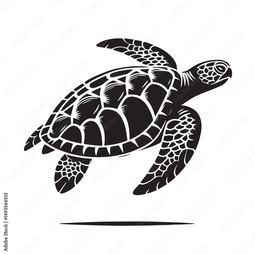 Fototapeta premium Black Color Sea Turtle Silhouette Vector Illustration, Solid White Background. minimal vector design