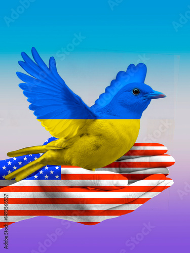 A man's hand with the texture of the US flag, a bird with the texture of the flag of Ukraine. A symbol of support for Ukraine in the war with Russia