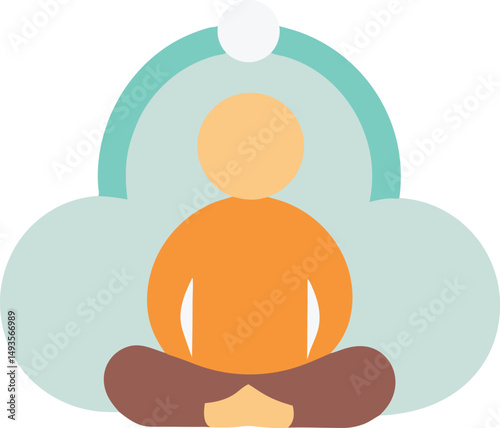Simplified meditating figure with cloud elements depicting calmness and mindfulness with transparency