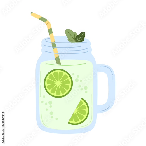 Lime mojito vector illustration in glass mason jar with mint leaves, lime slices, bubbles, and striped straw, ideal for tropical cocktail menu, refreshing summer beverage design, citrus drink recipe.