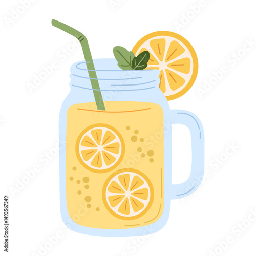 Lemonade vector illustration in mason jar with lemon slices, mint leaves, bubbles, and green straw, perfect for summer drinks menu, tropical cocktail design, fresh beverage advertisement.