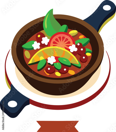 Stylized illustration of a delicious soup served in a decorative bowl on a plate with handles