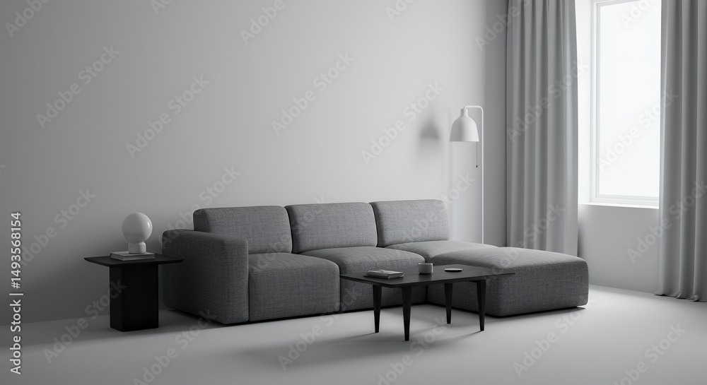 Fototapeta premium Minimalist Modular Sofa in Sleek Hotel Room with Tranquil Calm Grayscale Design featuring Modern Interior Decor Lamp and Window